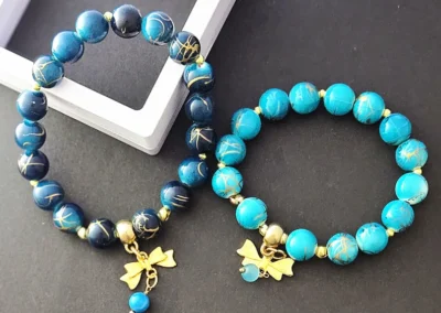 Handmade Couple Stretch Bracelets set with Bow Image Charms Turquoise and Dark Blue Beads Matching Friendship Jewelry Gift Idea for Couples