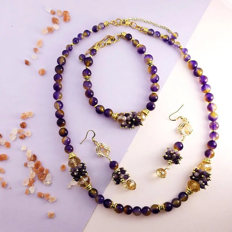 jewelry set including a beaded amethyst necklace, a matching bracelet, and a pair of earrings